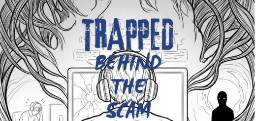 AI generated line drawing showing person at computer with dark elements around them showing the impact of scam involvement on perpetrators and victims