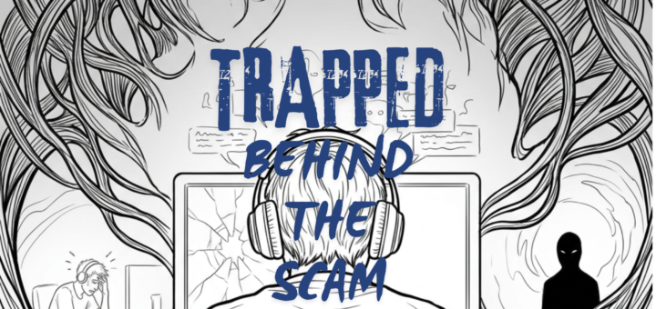 AI generated line drawing showing person at computer with dark elements around them showing the impact of scam involvement on perpetrators and victims